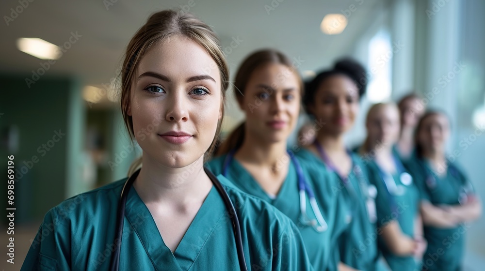 Portrait of a young nursing student standing with her team in hospital, dressed in scrubs Portrait of a young nursing student standing with her team in hospital, dressed in scrubs