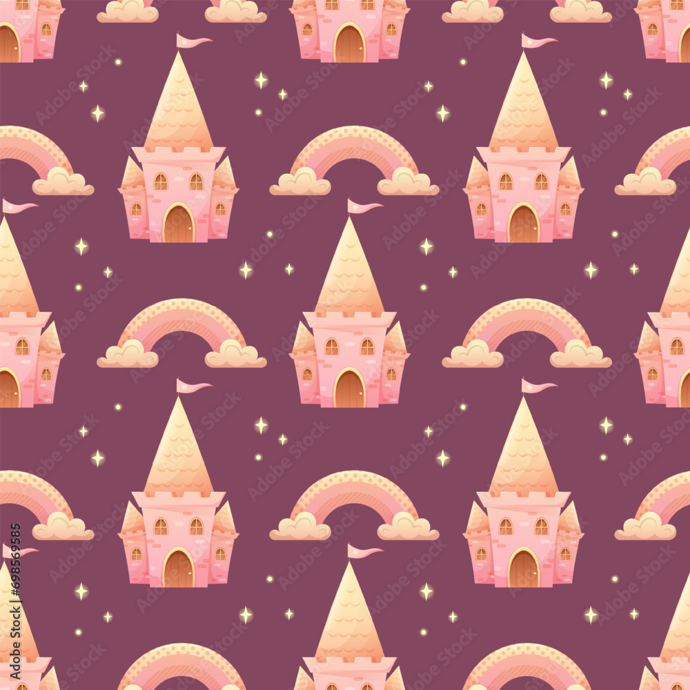 Fototapeta premium Seamless pattern with pink queen castle and rainbow in clouds. Delicate print for girls, princesses, dolls. Vector illustration