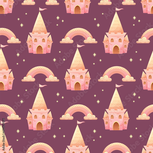 Seamless pattern with pink queen castle and rainbow in clouds. Delicate print for girls, princesses, dolls. Vector illustration