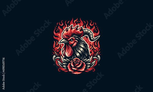 head rooster and red rose and flames vector design photo