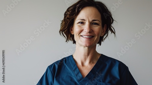 Portrait of female nurse smiling over white background. She is wearing blue scrubs. Confident professional is with short brown hair. photo