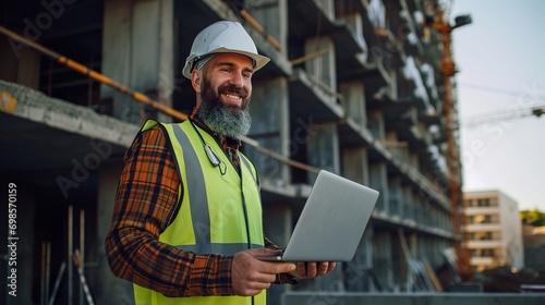 Portrait of highly motivated caucasian hardworking smiling bearded supervisor with helmet on head in vest and with laptop in hands posing on construction