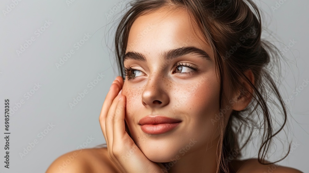 Portrait of positive lovely pretty girl touch hand face enjoy her soft pure perfect skin after bodycare plastic surgery treatment isolated over grey color background Portrait of positive lovely pretty girl touch hand face enjoy her soft pure perfect skin after bodycare plastic surgery treatment isolated over grey color background