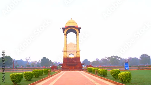 The India Gate is a war memorial located astride the Rajpath, on the eastern edge of the 