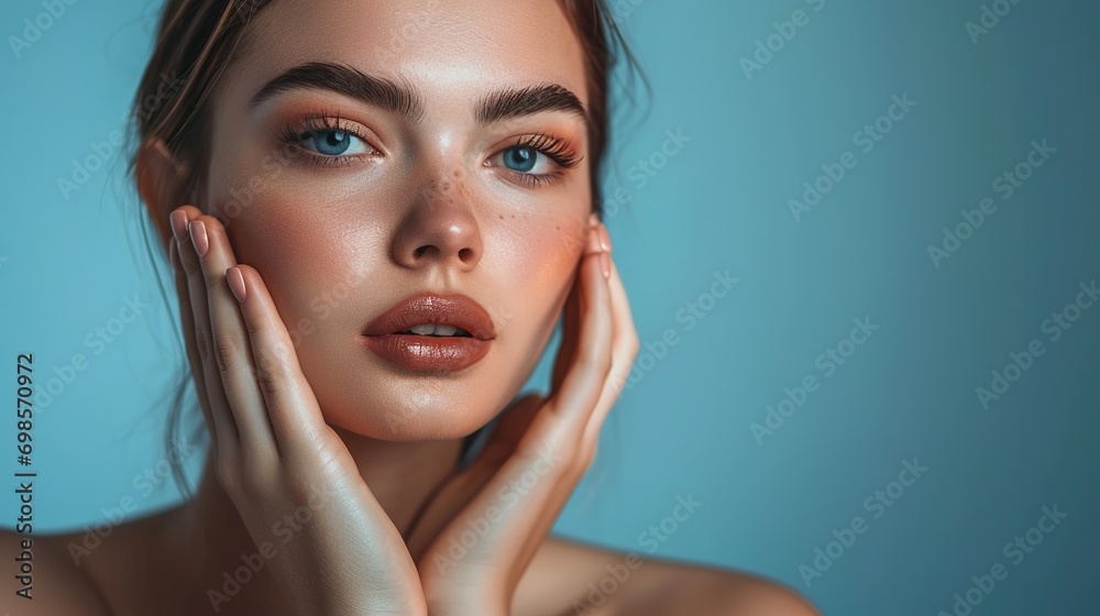Portrait, woman and cosmetic hands on studio blue background for skincare salon, body makeup and beauty. Young model, face and natural glow of aesthetic wellness spa, healthy shine or facial collagen Portrait, woman and cosmetic hands on studio blue background for skincare salon, body makeup and beauty. Young model, face and natural glow of aesthetic wellness spa, healthy shine or facial collagen