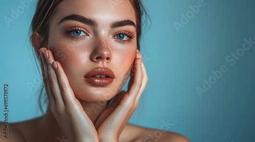 Portrait  woman and cosmetic hands on studio blue background for skincare salon  body makeup and beauty. Young model  face and natural glow of aesthetic wellness spa  healthy shine or facial collagen