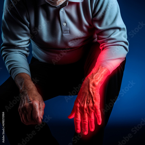 The man in the shirt is experiencing pain in his arm, which is highlighted in red. Arthritis. Contusion. Stretch. Skin problems. carpal tunnel syndrome. Inflammation and throbbing pain © stateronz