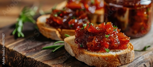 Jar of bacon jam spread on toasted baguette. Close-up. photo