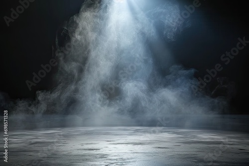 Mysterious and atmospheric scene with dark empty space. Floor is illuminated by spotlight creating dramatic interplay of light and shadows. Presence of smoke or mist element of mystery ambiance