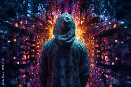 Stylish Hooded Hacker: Fashionable in a Colorful Technological Space