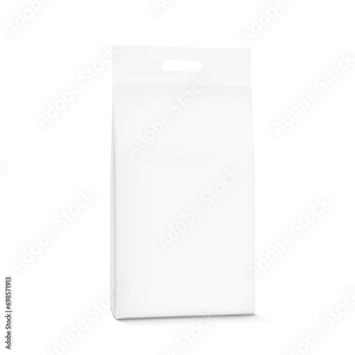 Realistic stand bag with three hole handle mockup for chemical products, cat litter. Half side view. Vector illustration isolated on white background. Can be use for template your design. EPS10.