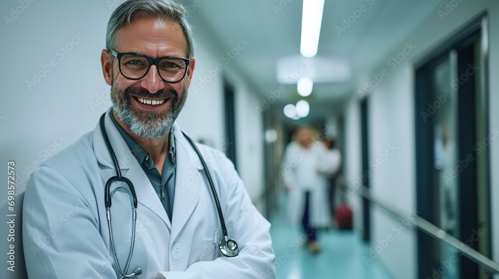 smiling doctor at hospital corridor smiling doctor at hospital corridor
