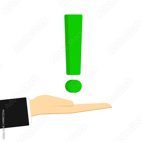 Hand holding a green hail sign on a white background. Vector illustration