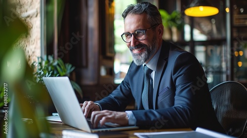 Smiling mature adult businessman executive sitting at desk using laptop. Happy busy professional middle aged businessman ceo manager working on computer photo