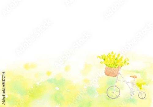 ミモザの花束をのせた自転車の春らしい綺麗なフレーム。水彩画を使用。