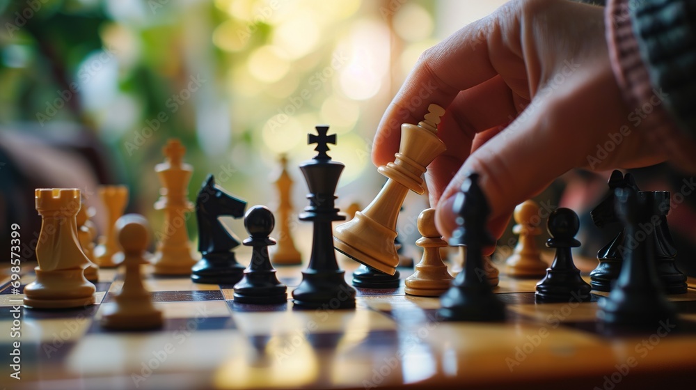 strategy board game, checkmate vision, or contest, playing hands or chess knight on a house, home, or living room table. Zoom, women, friends, and chessboard pawn in mind challenge - obrazy, fototapety, plakaty 