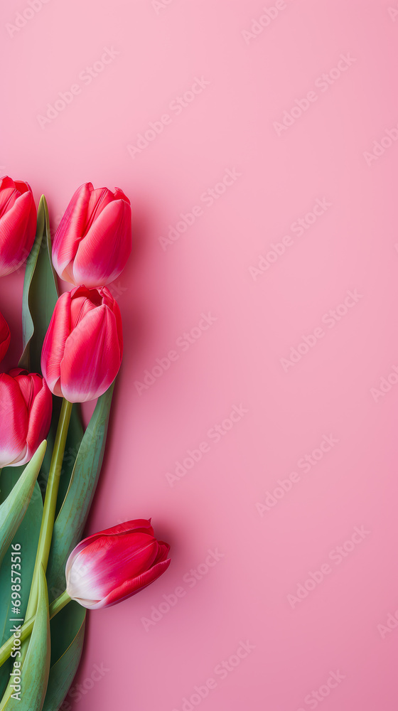 Pink Background with Tulips. Free Space for Text, Copy Space, Mock up. Concept of Spring and International Women's Day on March 8. Vertical Banner Pink Background with Tulips. Free Space for Text, Copy Space, Mock up. Concept of Spring and International Women's Day on March 8. Vertical Banner