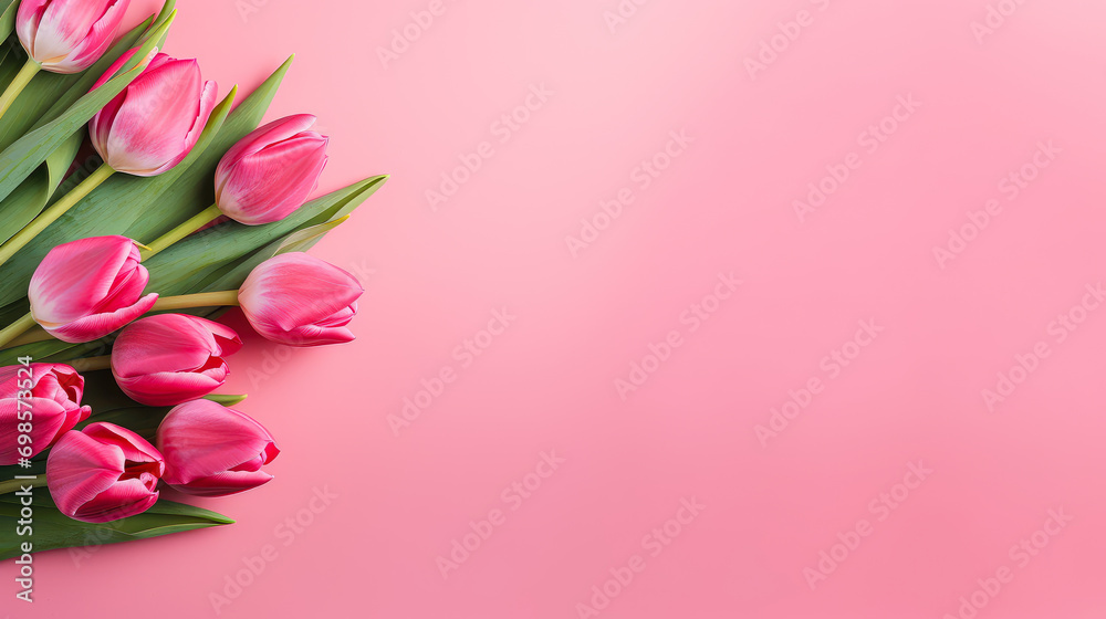 Pink Background with Tulips. Free Space for Text, Copy Space, Mock up. Concept of Spring and International Women's Day on March 8.