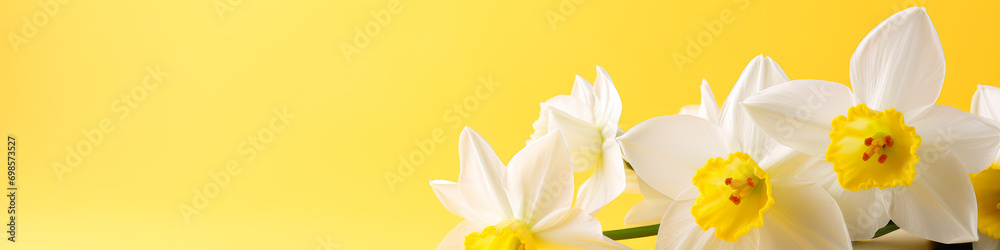 Banner White Daffodils on a Bright Yellow Background. Copy Space, Place for Text. Spring and Springtime Concept.