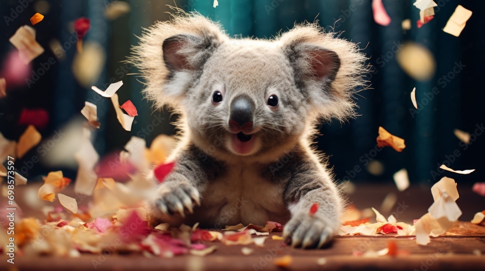 Happy cute animal friendly koala bear wearing a party hat celebrating at a fancy newyear or birthday party festive celebration greeting with bokeh light and paper shoot confetti surround party Happy cute animal friendly koala bear wearing a party hat celebrating at a fancy newyear or birthday party festive celebration greeting with bokeh light and paper shoot confetti surround party