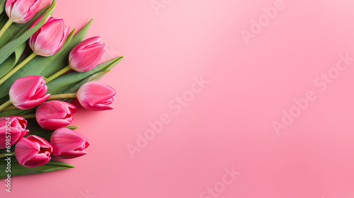 Pink Background with Tulips. Free Space for Text, Copy Space, Mock up. Concept of Spring and International Women's Day on March 8. © Anastasia Boiko