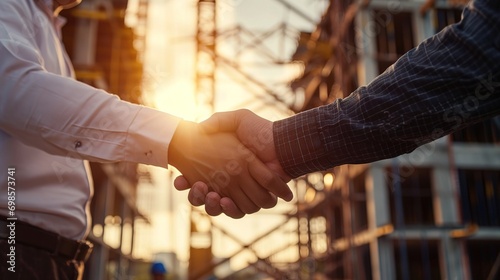 Successful deal, male architect shaking hands with client in construction site after confirm blueprint for renovate building. photo