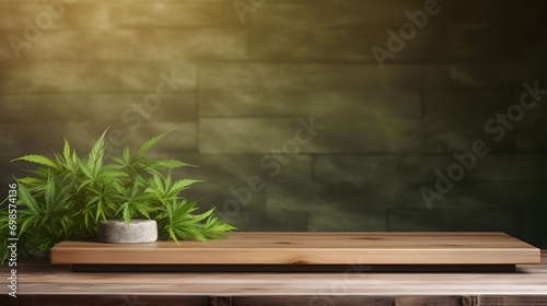 Wooden Shelf with Cannabis Plants and Blurry Background for Product Mockup