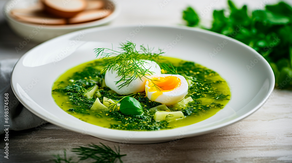Green borscht with egg in a plate. Selective focus. Green borscht with egg in a plate. Selective focus.