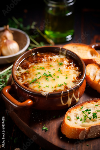 Onion soup in a pot. Selective focus.