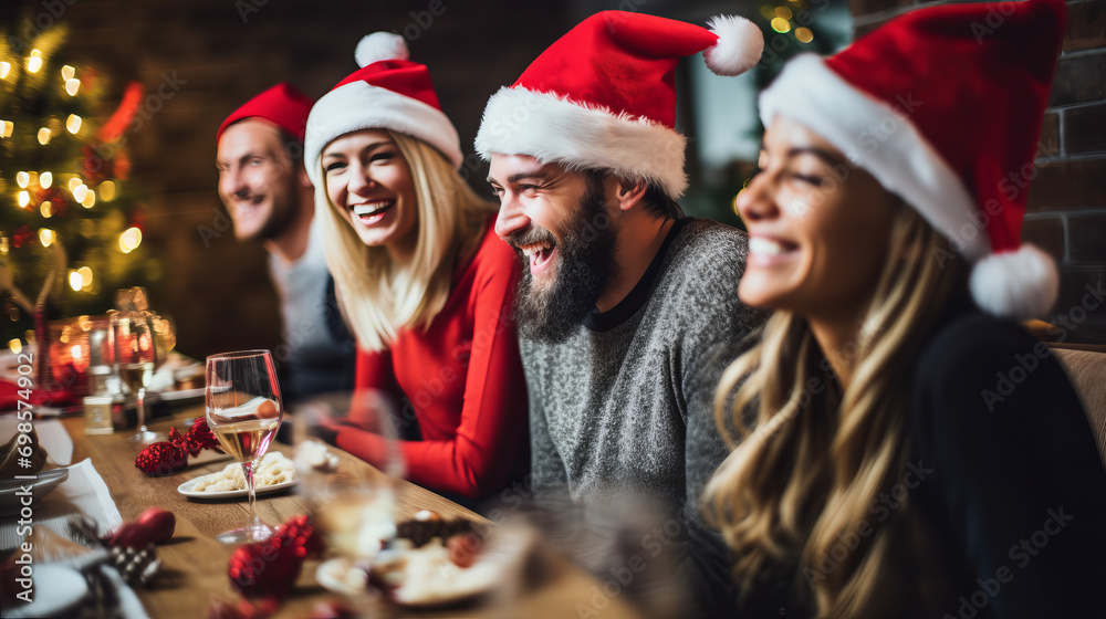 Happy group of friends wearing Santa Claus hat having Christmas dinner party , smiling group of people celebrating new year together Happy group of friends wearing Santa Claus hat having Christmas dinner party , smiling group of people celebrating new year together