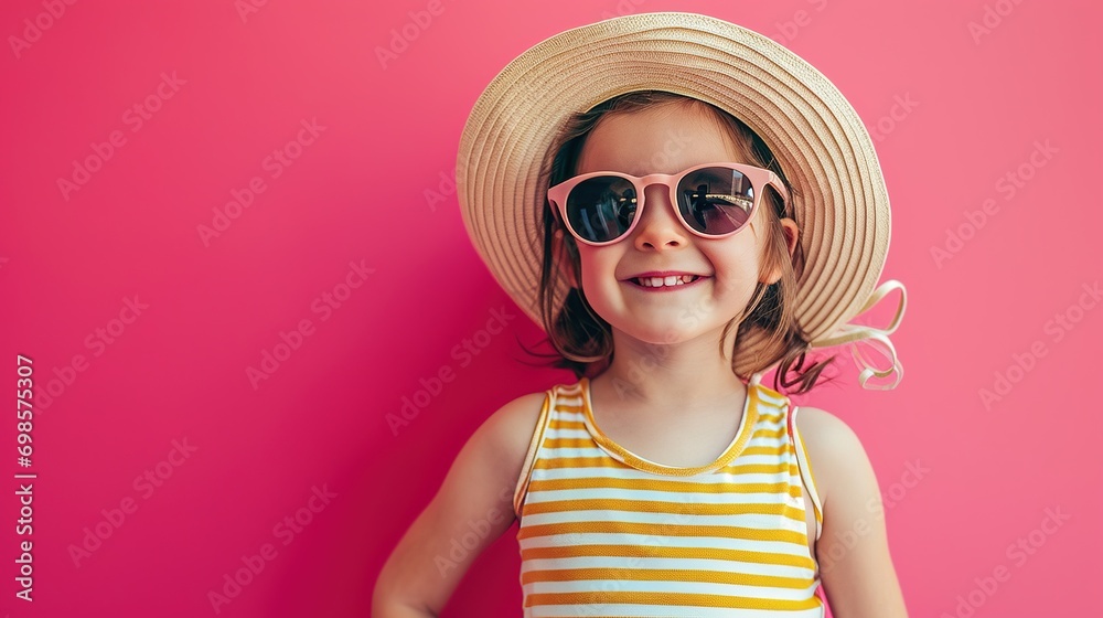 Vacation, portrait of child in studio with sunglasses and fun clothes and hat isolated on pink background. Vacation, portrait of child in studio with sunglasses and fun clothes and hat isolated on pink background.
