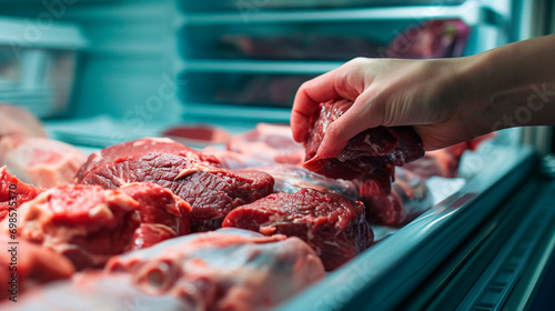 A woman puts meat in the refrigerator. Selective focus. photo