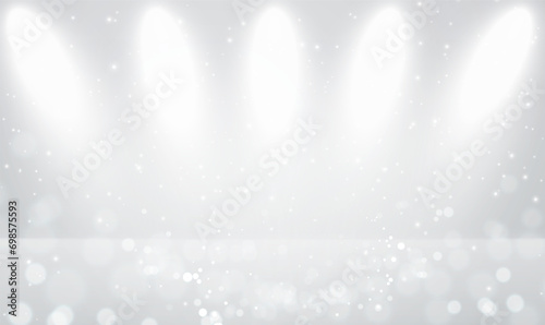 Background of empty stage show with spotlights for display your product. Illuminated stage with scenic lights. Abstract sparkles or glitter lights. Merry Christmas and festive New Year. Vector EPS10.