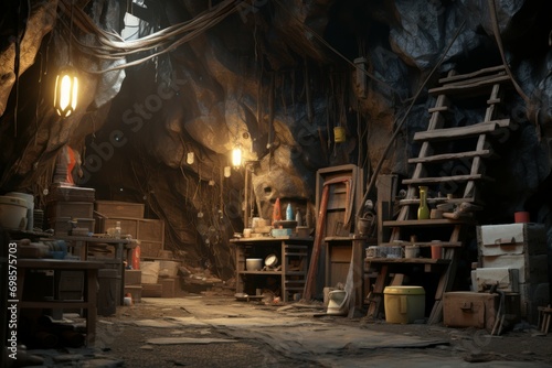 Industrial Interior mine. Coal copper interior. Generate Ai photo