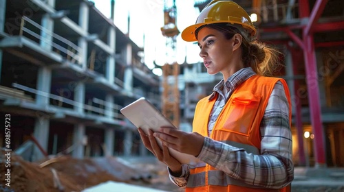 woman engineer with tablet standing on construction site, working