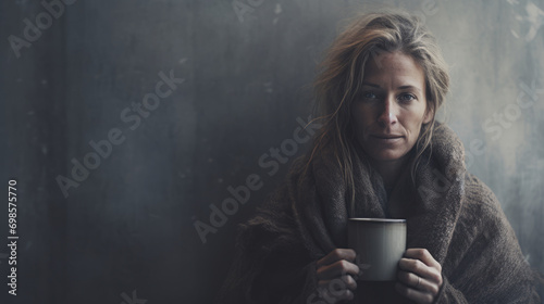 Mature neglected woman wearing grey tarnished blanket with empty cup begging for support