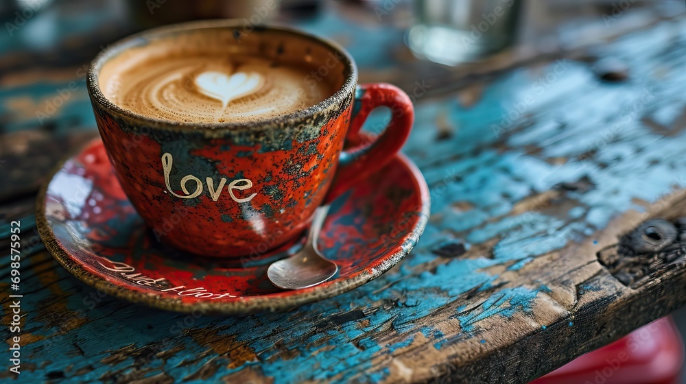 Tasse de café avec le mot " LOVE " spécial Saint Valentin - obrazy, fototapety, plakaty 