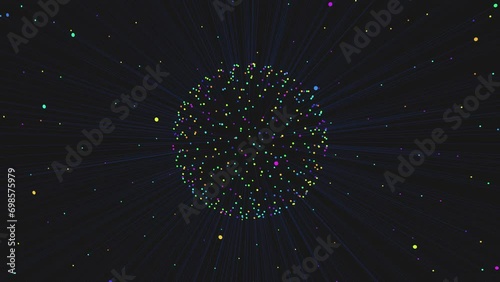 A vibrant display of randomly generated colored dots arranged in a circular pattern emerges from a dark background, creating an engaging and intricate design photo