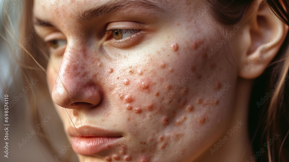 Woman with acne skin problem with hormonal acne, close up. Hormonal acne, adult acne face before photo. Matching after photo with clear skin, retouched skin. Woman with acne skin problem with hormonal acne, close up. Hormonal acne, adult acne face before photo. Matching after photo with clear skin, retouched skin.