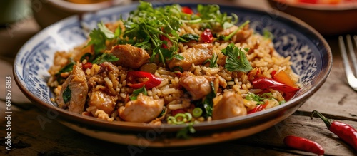 Tasty chicken fried rice with vegetables and herbs.