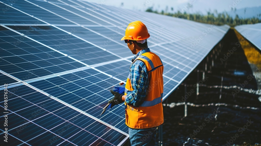 worker in the back inspecting solar panels worker in the back inspecting solar panels