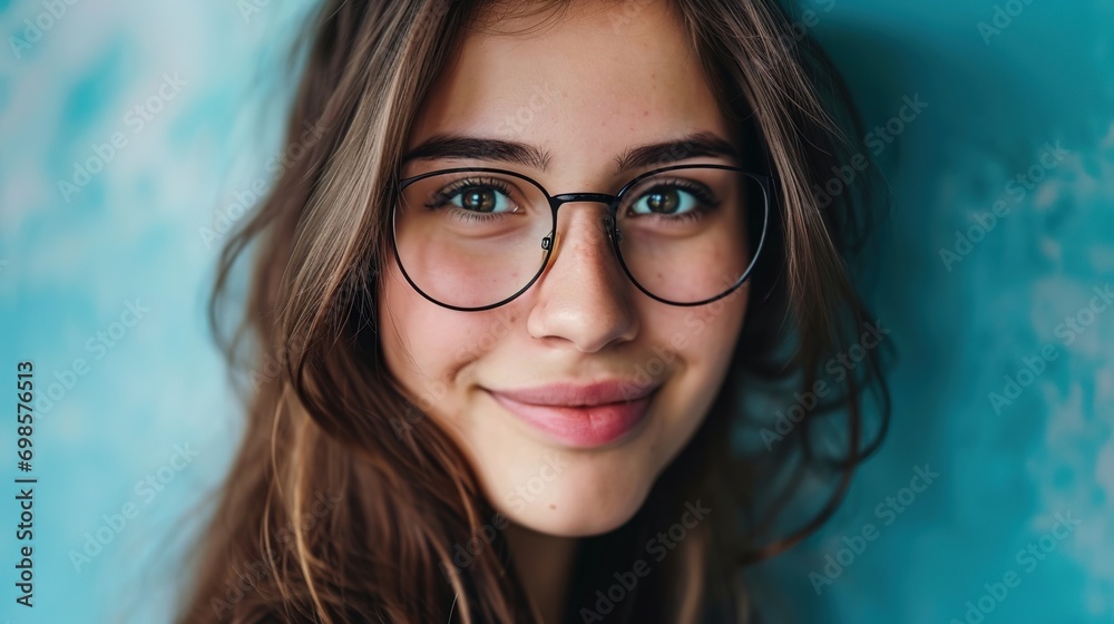 Young beautiful woman isolated portrait. Student girl wearing glasses closeup studio shot, Young businesswoman smiling indoor, People, beauty, student lifestyle Young beautiful woman isolated portrait. Student girl wearing glasses closeup studio shot, Young businesswoman smiling indoor, People, beauty, student lifestyle