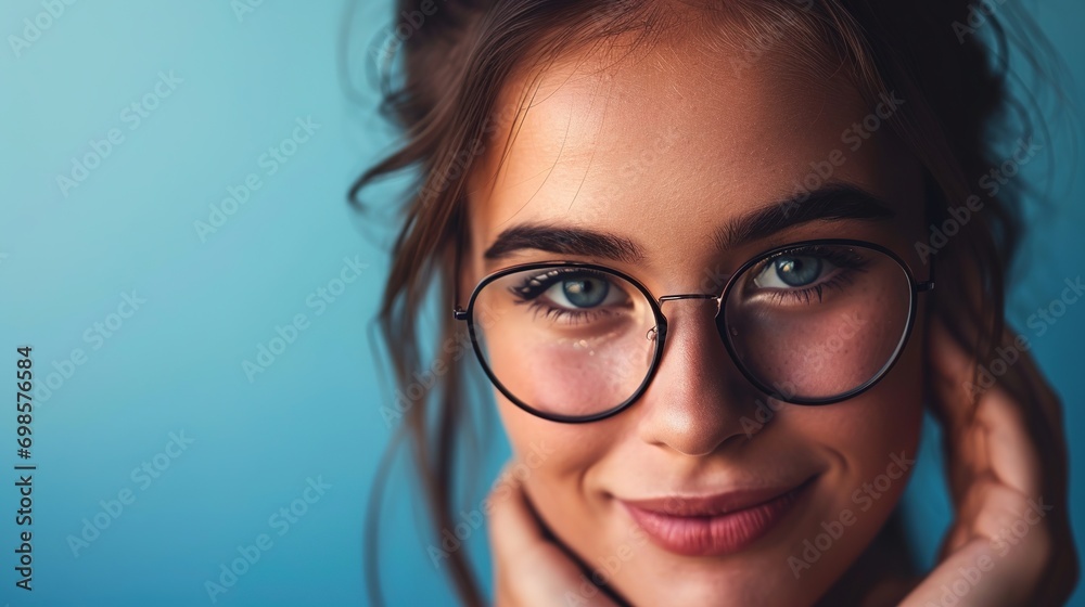 Young beautiful woman isolated portrait. Student girl wearing glasses closeup studio shot, Young businesswoman smiling indoor, People, beauty, student lifestyle Young beautiful woman isolated portrait. Student girl wearing glasses closeup studio shot, Young businesswoman smiling indoor, People, beauty, student lifestyle