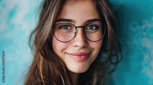 Young beautiful woman isolated portrait. Student girl wearing glasses closeup studio shot, Young businesswoman smiling indoor, People, beauty, student lifestyle