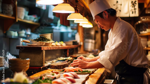 Busy sushi chef at world-renowned Japanese restaurant, AI Generated photo