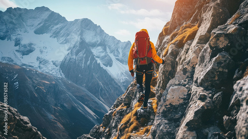 Daring mountain climber reaching summit, AI Generated photo