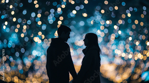 Silhouette of couple holding hands beneath bokeh stars, AI Generated