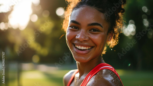 Athletic woman with sweat-glistening forehead smiling after accomplished run, AI Generated
