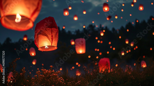 Bright red lanterns floating in night sky, AI Generated
