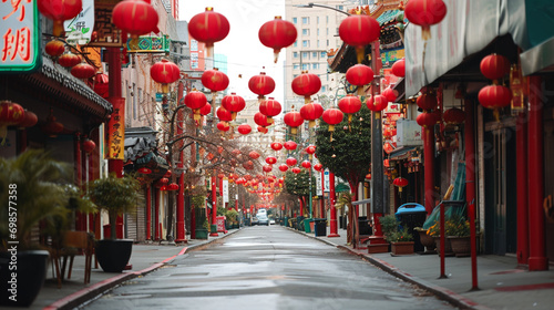 Chinatown's streets vibrantly decorated for Chinese New Year, AI Generated